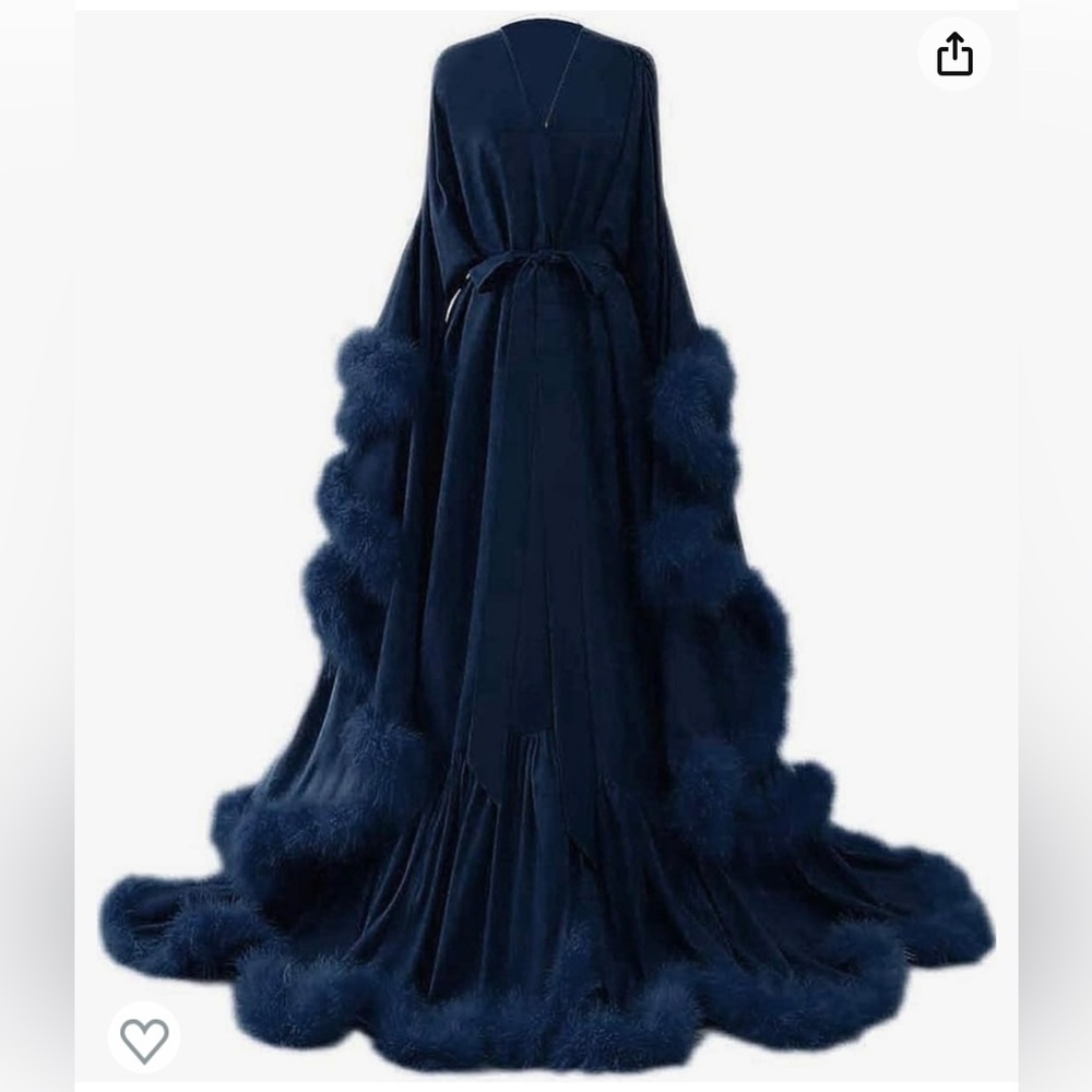 Feathered Glamorous Satin Robe- Navy Blue. Like New.